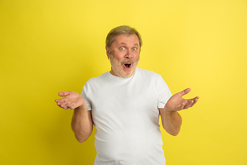 Image showing Caucasian senior man\'s portrait isolated on yellow studio background