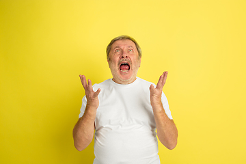 Image showing Caucasian senior man\'s portrait isolated on yellow studio background