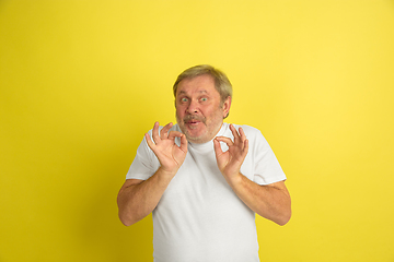 Image showing Caucasian senior man\'s portrait isolated on yellow studio background