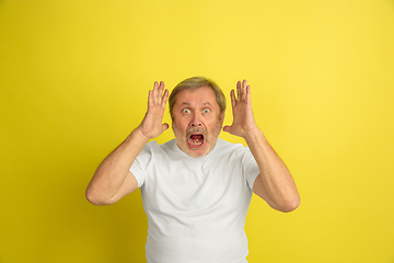 Image showing Caucasian senior man\'s portrait isolated on yellow studio background