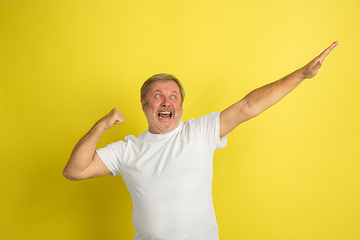 Image showing Caucasian senior man\'s portrait isolated on yellow studio background