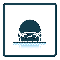 Image showing Icon of Swimming man head with goggles and cap 