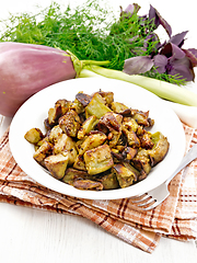 Image showing Eggplant fried on light wooden board