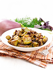 Image showing Eggplant fried on wooden board