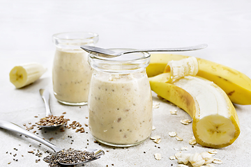 Image showing Milkshake with chia and banana in jars on table