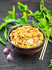 Image showing Noodles with cabbage and chicken in bowl on table