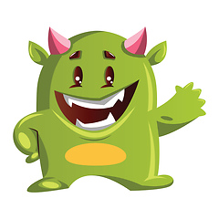 Image showing Imaginary green monster with pink horns smiling and waving on wh