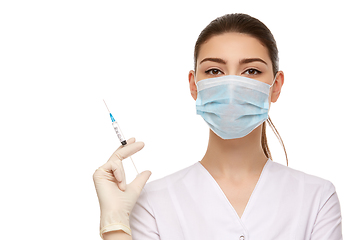 Image showing woman doctor in rubber gloves isolated on white