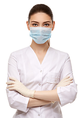 Image showing woman doctor in rubber gloves isolated on white