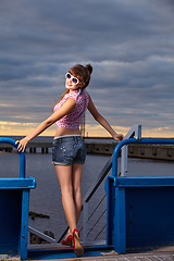 Image showing beautiful girl in pinup style on ship