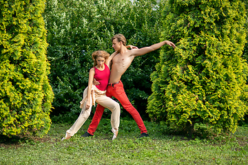 Image showing beautiful modern ballet couple dancing in summer outdoors