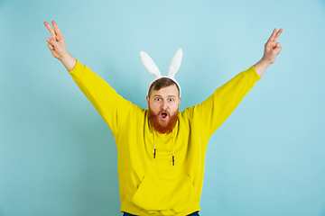 Image showing Easter bunny man with bright emotions on blue studio background