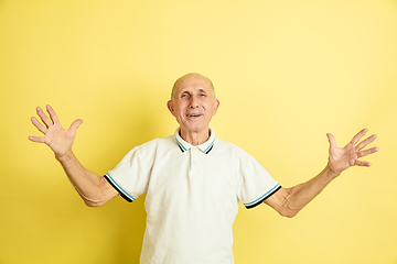 Image showing Caucasian senior man\'s portrait isolated on yellow studio background