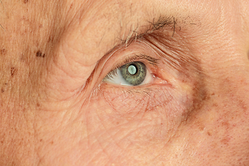 Image showing Caucasian senior man\'s portrait isolated on yellow studio background