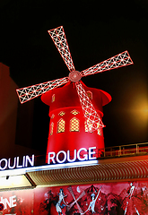 Image showing View of the Moulin Rouge (Red Mill) at night in Paris, France