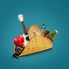 Image showing Fresh and tasty taco filled with Sombrero, Ukulele, Maracas, cactus, drink on blue background.