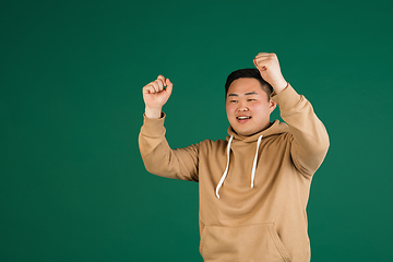 Image showing Asian man\'s portrait isolated over green studio background with copyspace