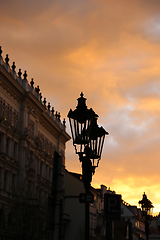 Image showing Traditional street lamp and architecture of Prague in the evenin