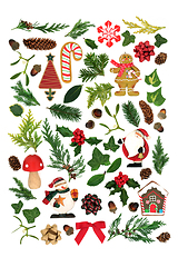 Image showing Collection of Christmas Decorations and Winter Greenery