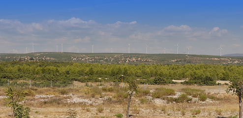 Image showing Wind turbines, wind farm, down wind farms