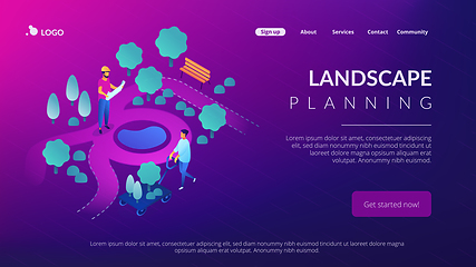 Image showing Landscape design isometric 3D landing page.