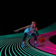 Image showing Creative sport and neon waves on dark neon lighted line background