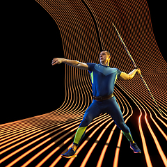 Image showing Creative sport and neon waves on dark neon lighted line background