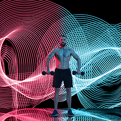 Image showing Creative sport and neon waves on dark neon lighted line background