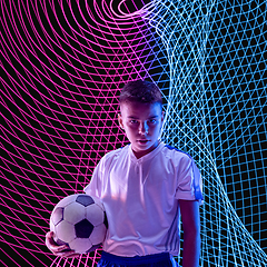 Image showing Creative sport and neon waves on dark neon lighted line background