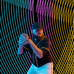 Image showing Creative sport and neon waves on dark neon lighted line background