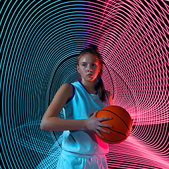 Image showing Creative sport and neon waves on dark neon lighted line background