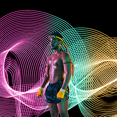 Image showing Creative sport and neon waves on dark neon lighted line background