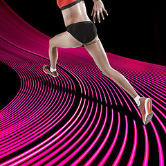 Image showing Creative sport and neon waves on dark neon lighted line background