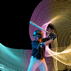 Image showing Creative sport and neon waves on dark neon lighted line background