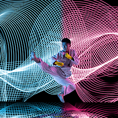 Image showing Creative sport and neon waves on dark neon lighted line background