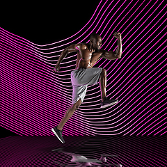 Image showing Creative sport and neon waves on dark neon lighted line background