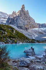 Image showing The frozen Sorapiss lake and majestic Dolomites Alp Mountains