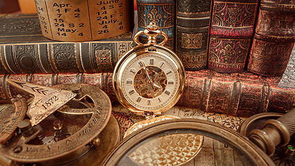 Image showing Vintage pocket watch. Vintage background Concept of time history