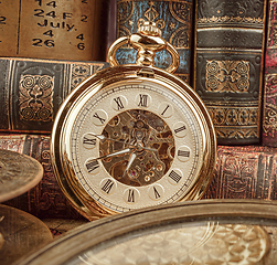 Image showing Vintage pocket watch. Vintage background Concept of time history