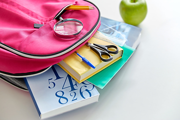 Image showing backpack with books, school supplies and apple