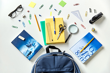 Image showing blue backpack with books and school supplies