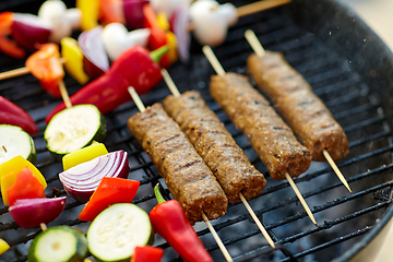 Image showing barbecue meat and vegetables roasting on grill