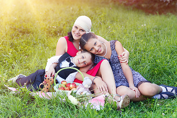 Image showing mother with two kids having picnic outdoors