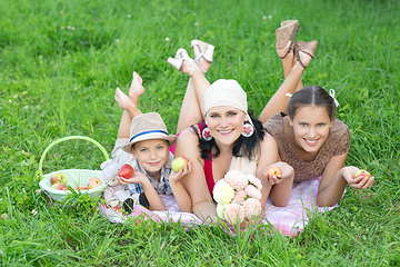 Image showing mother with two kids having picnic outdoors