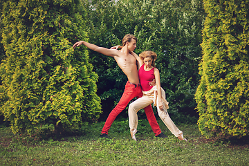 Image showing beautiful modern ballet couple dancing in summer outdoors