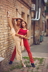 Image showing beautiful modern ballet couple dancing in summer outdoors