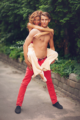 Image showing beautiful modern ballet couple dancing in summer outdoors