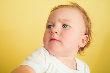 Image showing Caucasian little girl, children isolated on yellow studio background