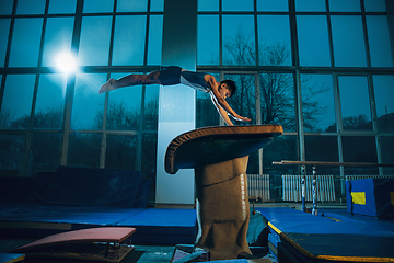 Image showing Little male gymnast training in gym, flexible and active