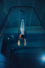 Image showing Little male gymnast training in gym, flexible and active